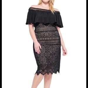 Tadashi Shoji off the shoulder black/nude plus cocktail dress size 22Q